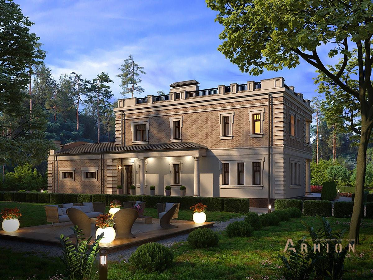 5. Проект двухэтажного дома в дворцовом стиле с плоской кровлей , av-630, площадью - 447 кв c сауной, терассой, балконом, гаражом, эркером, вторым светом